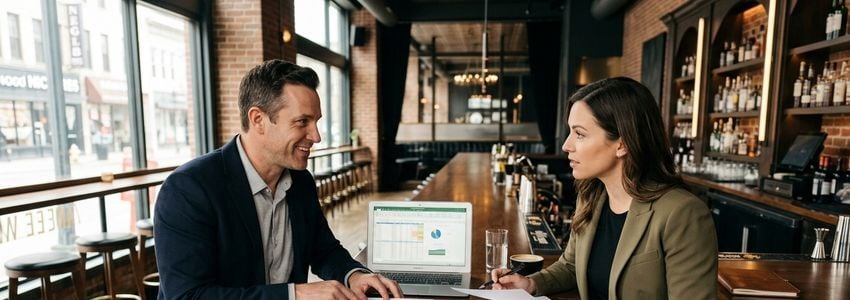 Bar owner and financing advisor reviewing business loan options at a nightclub bar