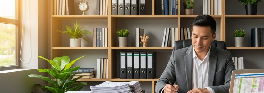 Business owner reviewing unsecured loan application documents at office desk