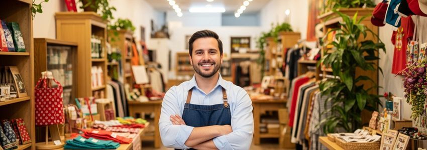 Small business owner standing confidently in their retail shop, representing no collateral business loan success
