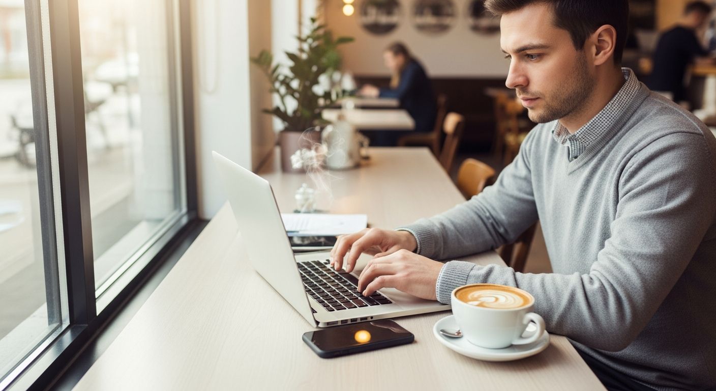 Small business owner researching no credit check business loan options on laptop at cafe