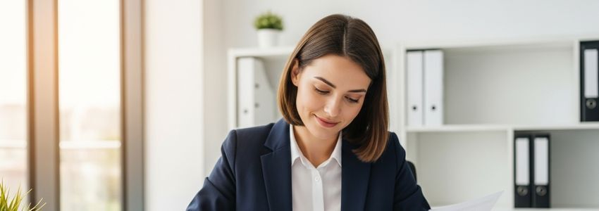 Business owner reviewing small business loan documents at office desk