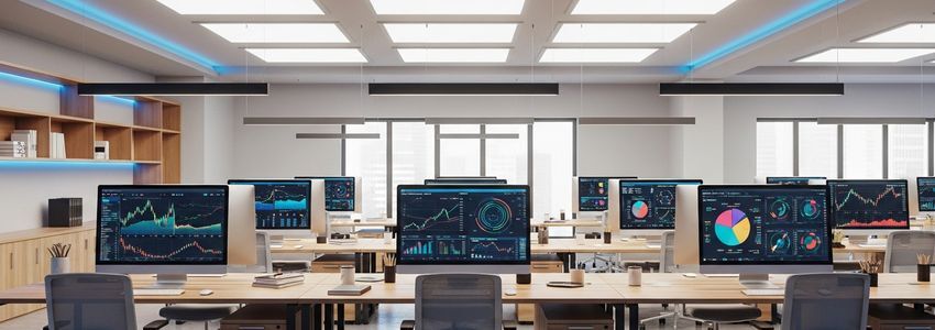 Modern business finance office with multiple workstations showing financial analytics dashboards, relevant to invoice factoring and business financing