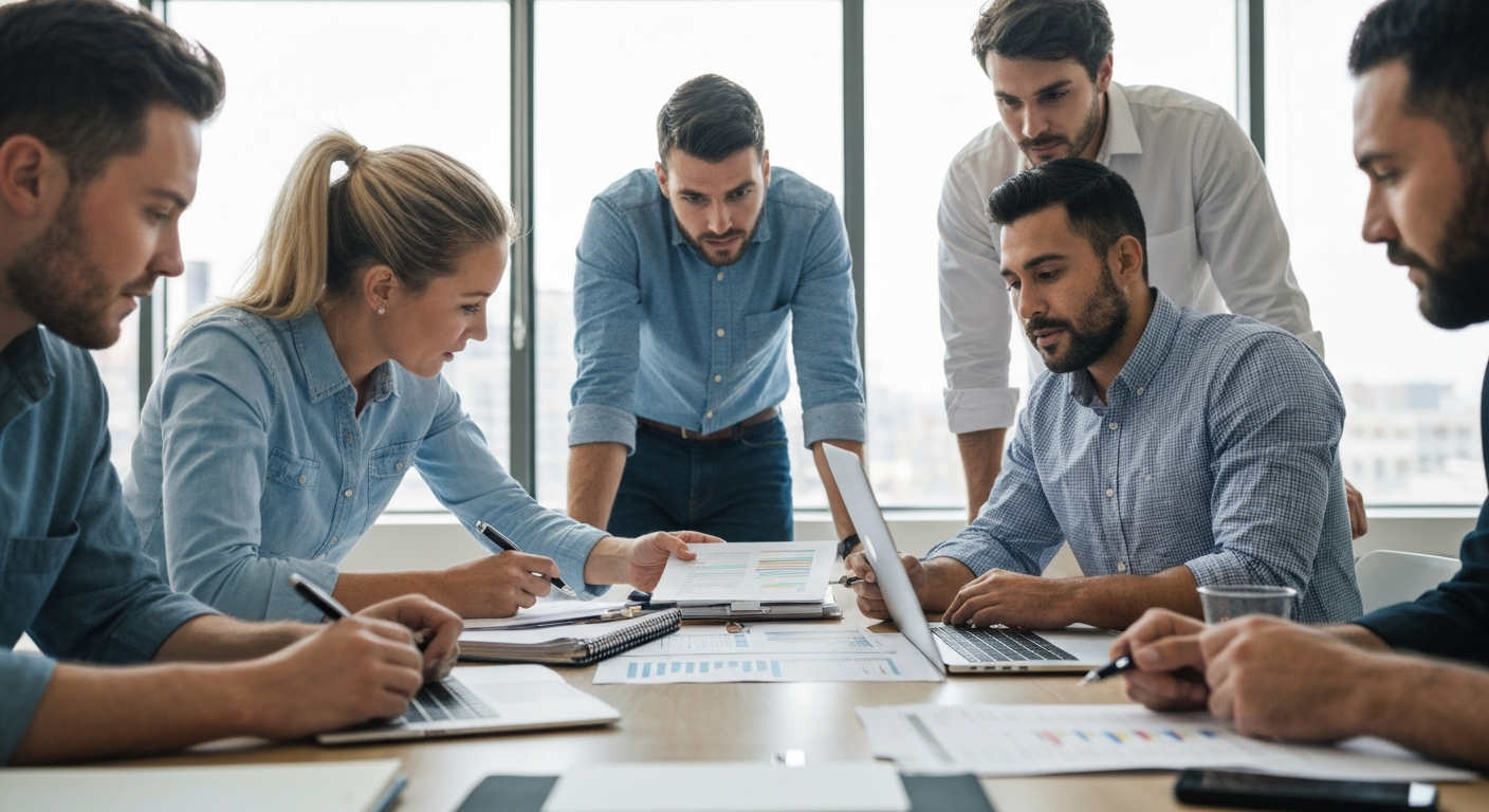 Nonprofit team reviewing financial documents and loan application paperwork at a conference table