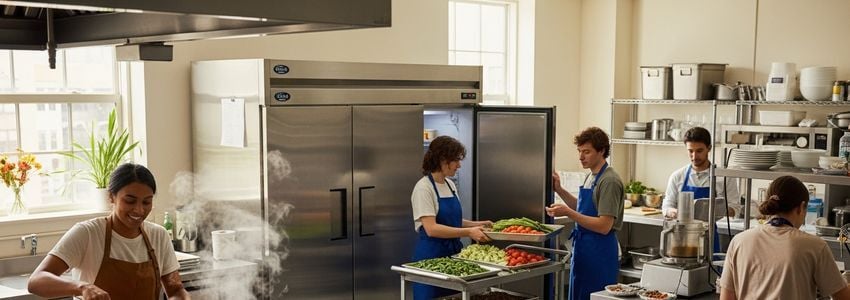Nonprofit workers in a community kitchen using commercial food service equipment for mission-driven work