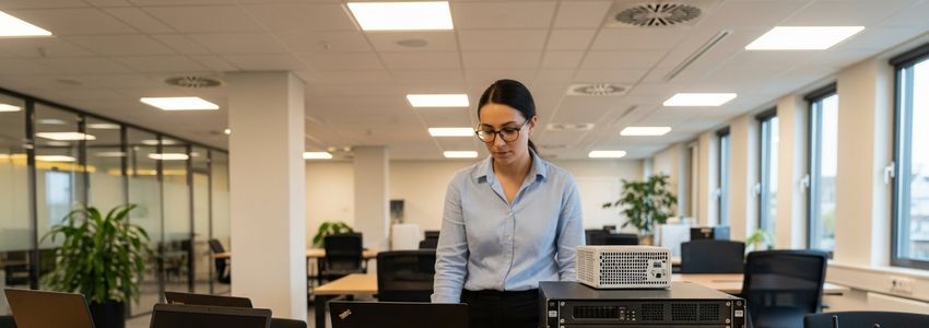 Nonprofit professionals using computers and IT equipment in a modern office environment