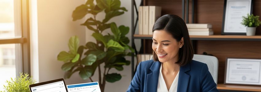 Nonprofit organization manager reviewing business loan documents and financial plans at office desk