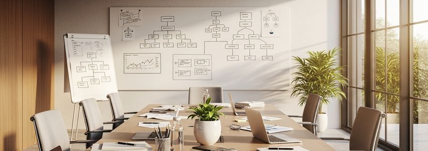 Modern nonprofit office conference room with financial planning documents and laptops laid out for a strategic planning meeting