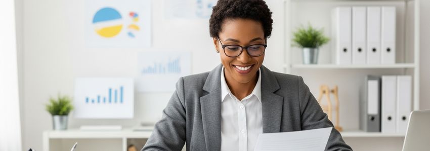 Nonprofit organization executive reviewing business loan documents and financial planning materials