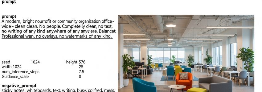 Modern nonprofit organization office interior with collaborative workspace, warm natural lighting, and professional meeting area