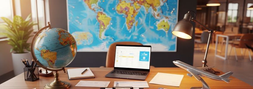 Travel agency desk with globe, airplane model, world map and business documents for nonprofit travel agency financing