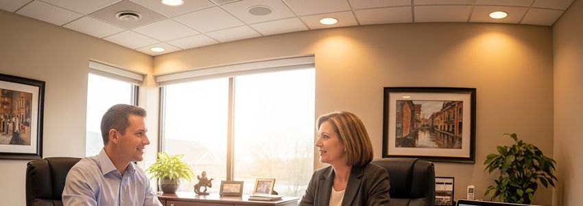 Small business owner reviewing SBA loan documents with a financial advisor in a Northern Virginia office