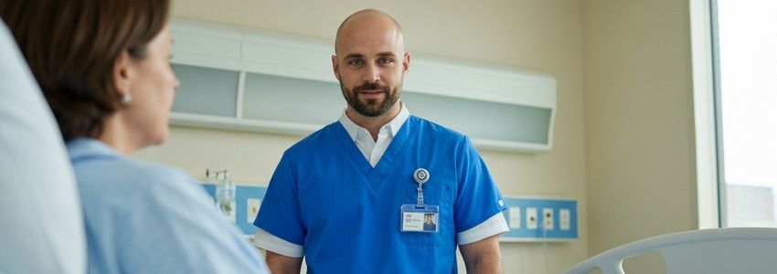 Nurse practitioner consulting with a patient in a modern clinic