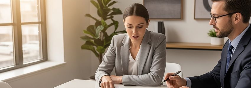 Nurse practitioner and financial advisor reviewing business loan documents together at a modern office