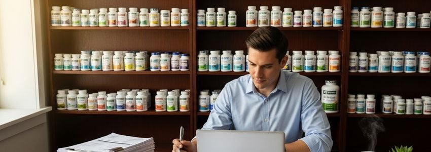 Nutrition store business owner reviewing financial documents at desk with supplement shelves visible