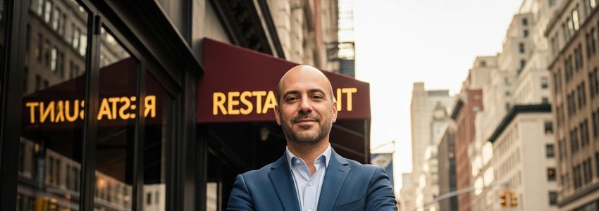 New York City restaurant owner in front of their NYC restaurant, discussing financing options with Crestmont Capital