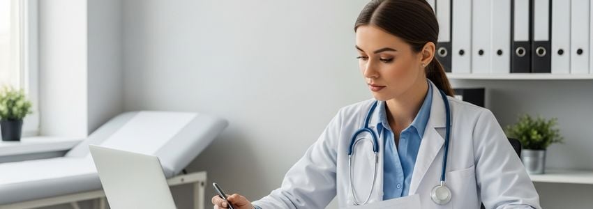 OB-GYN physician reviewing practice financing options at her medical office desk
