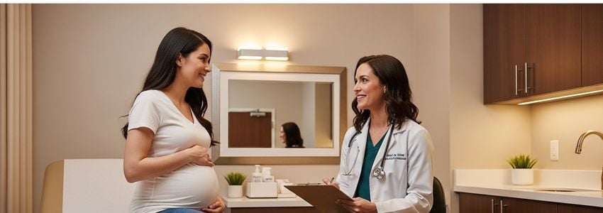 OB/GYN physician consulting with pregnant patient in modern medical clinic