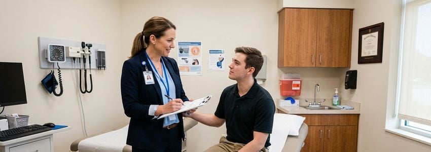 Occupational medicine clinic physician reviewing patient charts at a modern workplace health center