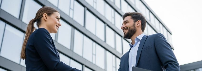 Business professionals shaking hands in front of a modern office building, representing commercial real estate financing