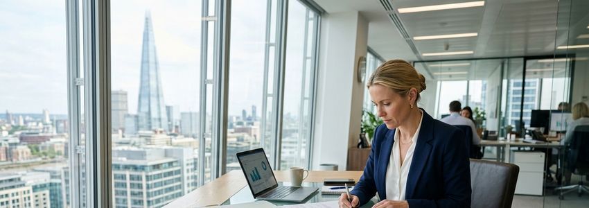Business professionals reviewing office building loan documents in a modern commercial office setting