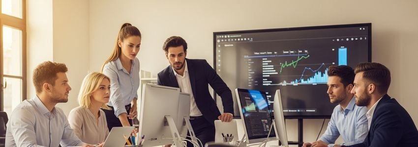 Business professionals collaborating in a modern office with computers and office equipment
