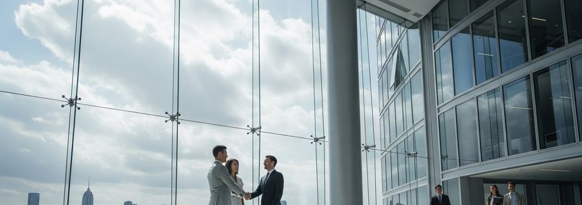 Business owner and commercial real estate agent discussing short-term office lease options