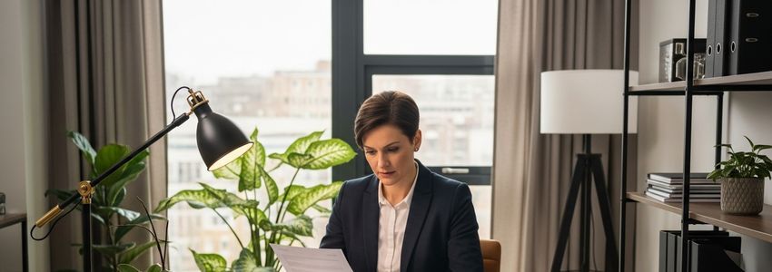 Business owner reviewing office renovation financing plans in a modern workspace