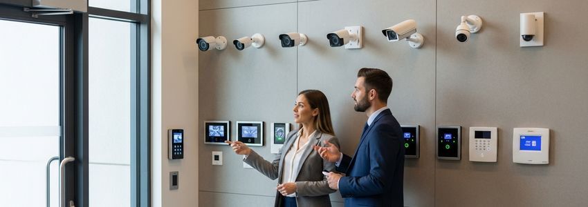 Business professionals reviewing office security equipment financing options with a security consultant