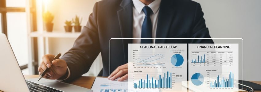 Small business owner reviewing seasonal cash flow plan and financial documents