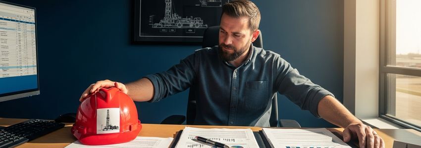 Oilfield contractor reviewing business financing documents at desk with hard hat nearby
