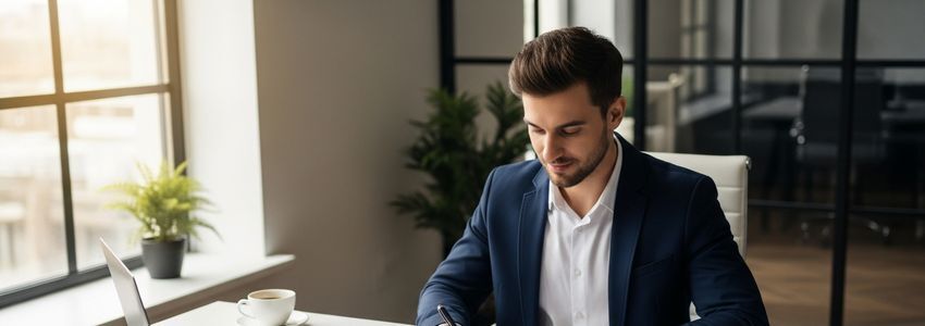 Business owner reviewing Italian restaurant franchise loan documents at a modern office desk
