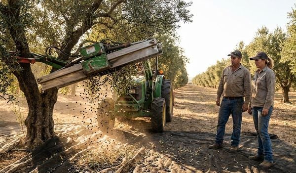 Tractor-mounted olive harvester shaking ripe olives from a tree onto catching nets while two farm workers watch in a sunlit olive grove