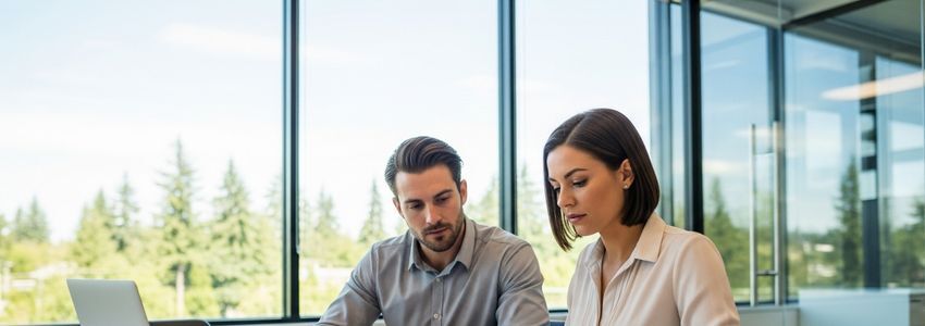 Small business owner at retail counter in Olympia, Washington discussing financing options
