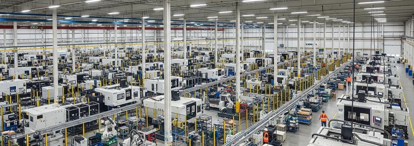 On-demand manufacturing facility floor showing industrial CNC machines and production workers