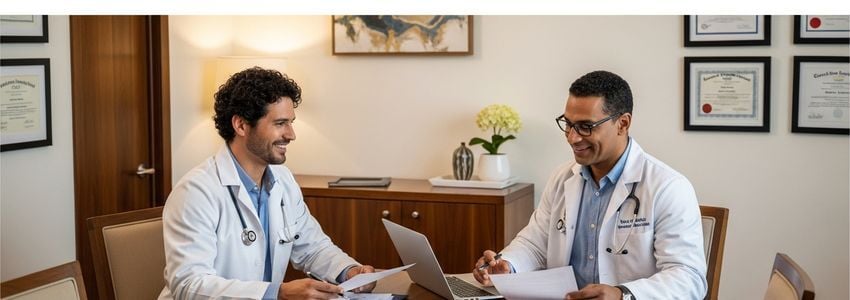 Oncologist and practice administrator reviewing financing documents for oncology practice expansion