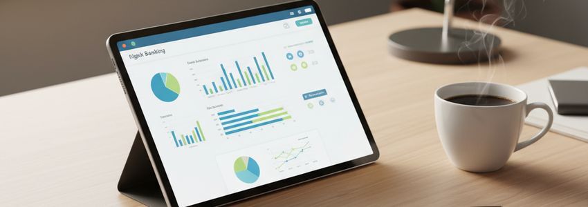 Digital banking application on tablet with financial charts - online business lending platform interface