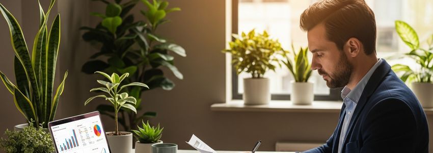 Business owner reviewing loan documents and financial planning for online business growth