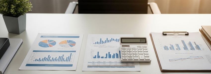 Financial charts and documents on a desk representing business loan comparison and analysis
