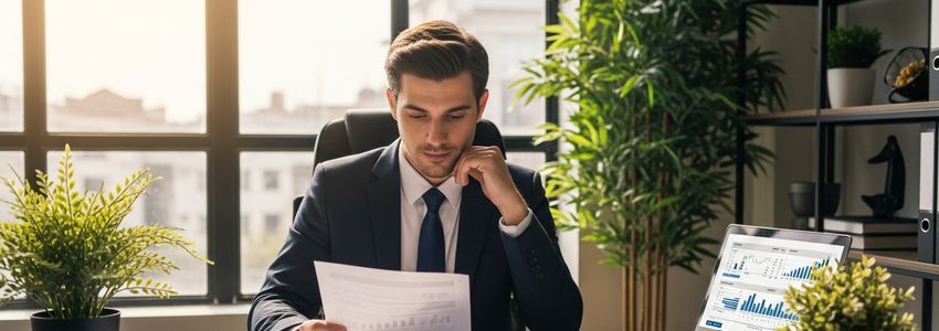Business owner comparing online business loan offers on laptop and documents