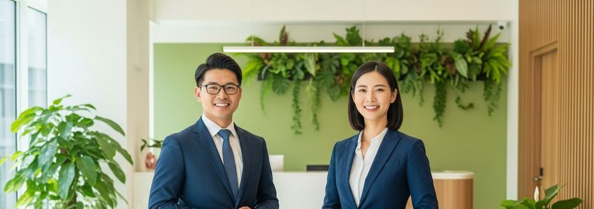 Business professionals reviewing operating cost benchmark reports at a conference table