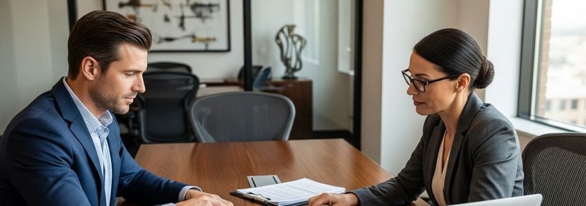 Small business owner and financial advisor reviewing loan options for operating expenses