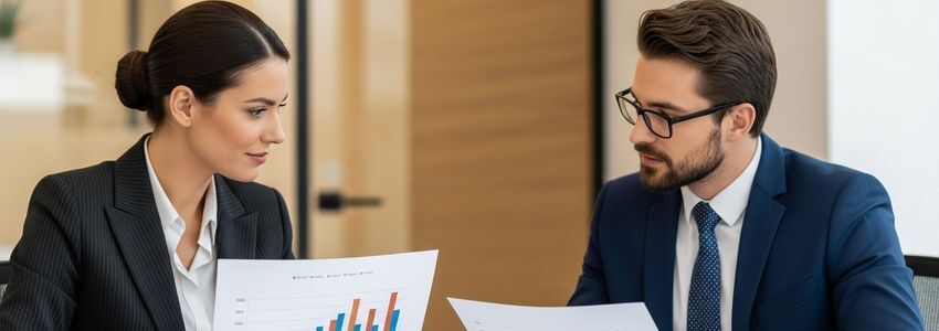 Business professionals reviewing operating margin benchmarks and financial performance charts in a corporate office