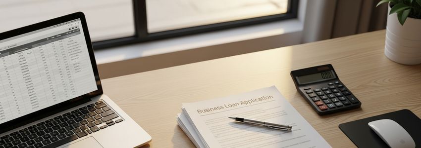 Small business owner reviewing business loan application documents and financial spreadsheet on a professional office desk