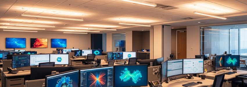 Modern business operations center with workstations and analytics dashboards showing centralized workflows