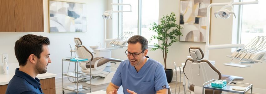 Oral surgeon consulting with a patient in a modern oral surgery practice, representing professional practice financing from Crestmont Capital