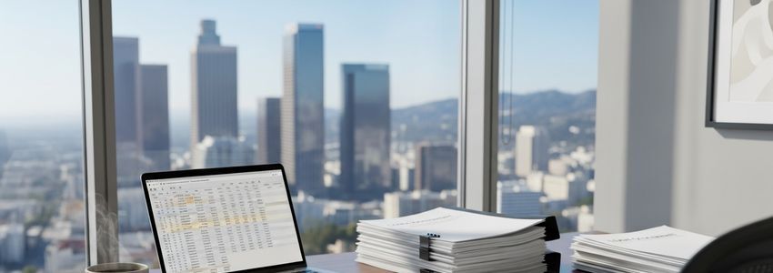 Business professionals reviewing small business loan documents in Southern California office