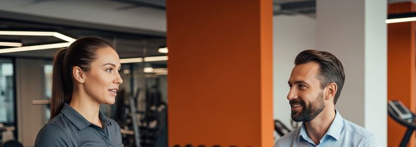 Business professional and financial advisor discussing Orangetheory fitness franchise loan options in a modern office setting