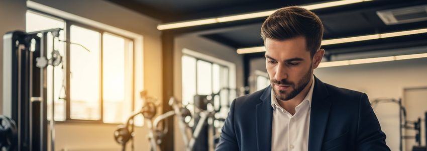 Fitness franchise owner reviewing financial documents in a modern gym office