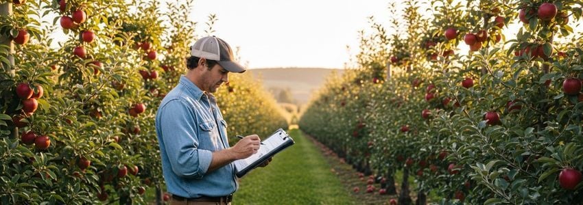 Fruit orchard business owner reviewing management plans in a commercial apple orchard