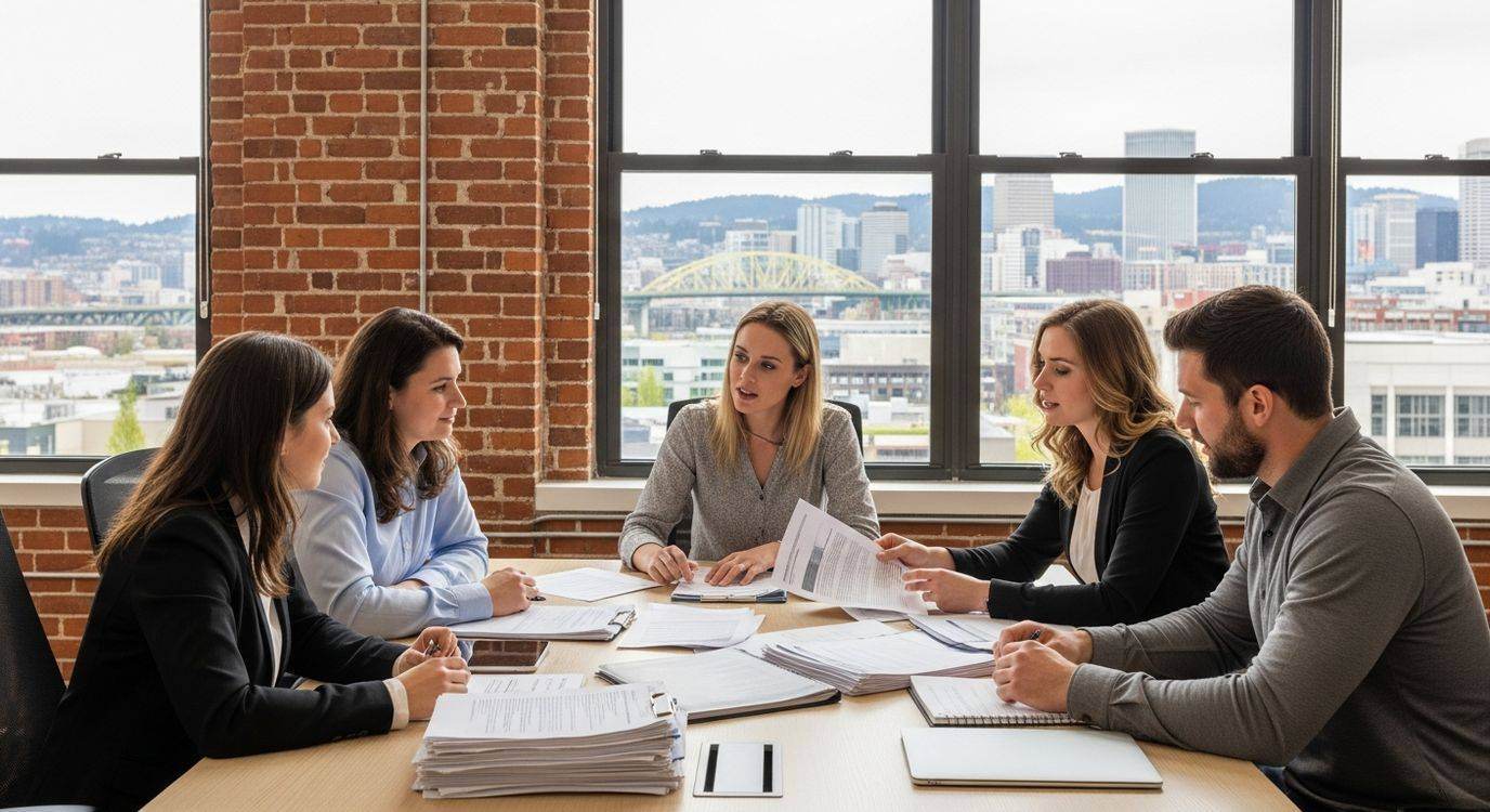 Oregon small business team reviewing loan options in a Portland office